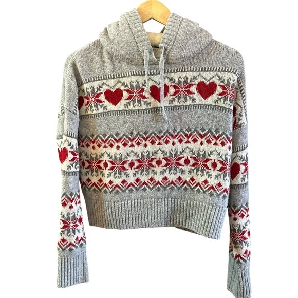 Cozy Ruby Moon Gray Red Heart Print Fair Isle Hoodie Sweater Sz S Sherpa Lining - Picture 2 of 5